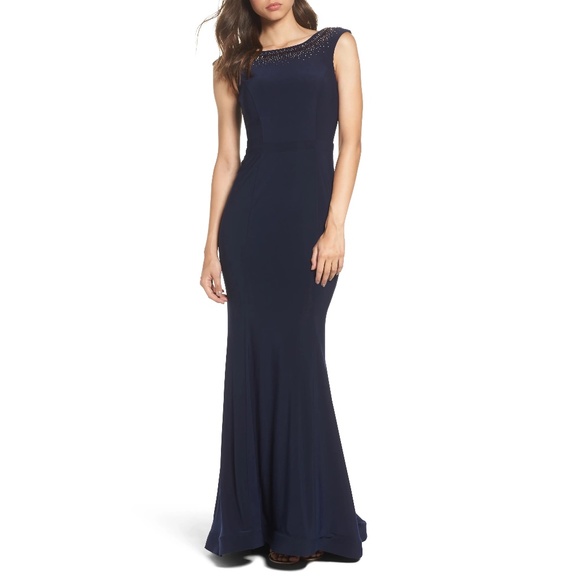 Xscape Beaded Ruffle Back Jersey Trumpet Gown - Picture 2 of 10